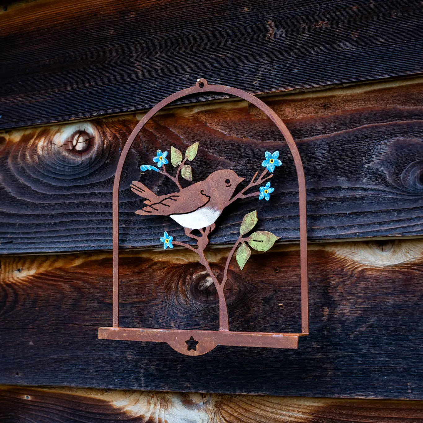 Warbler with Blue Flowers, Rusty Metal Wall Art