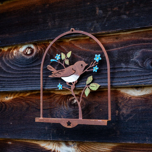 Warbler with Blue Flowers, Rusty Metal Wall Art