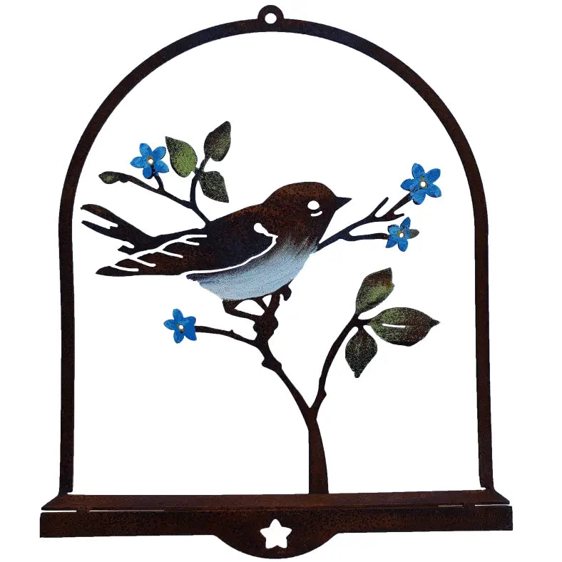 Warbler with Blue Flowers, Rusty Metal Wall Art