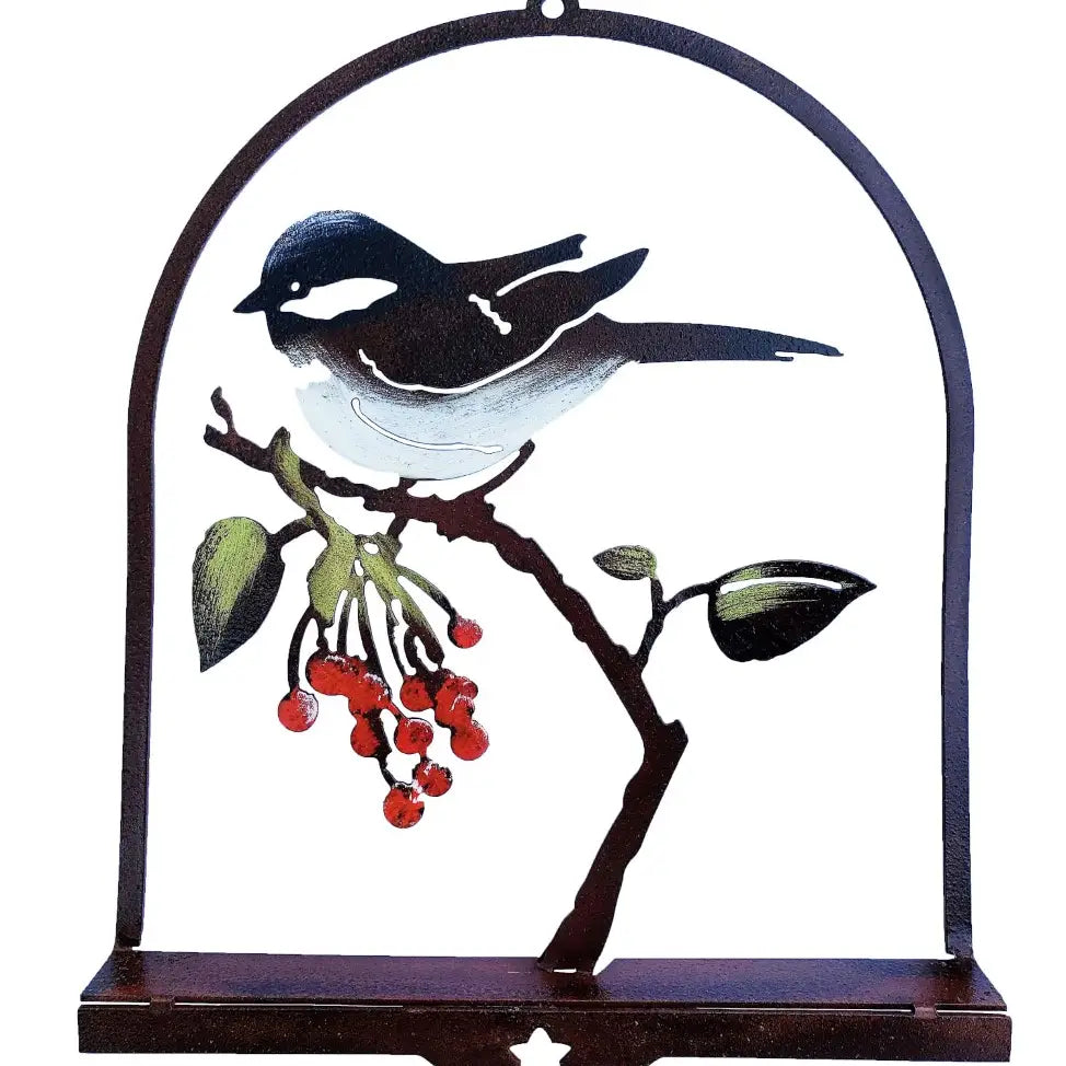 Chickadee with Red Berries, Rusty Metal Wall Art