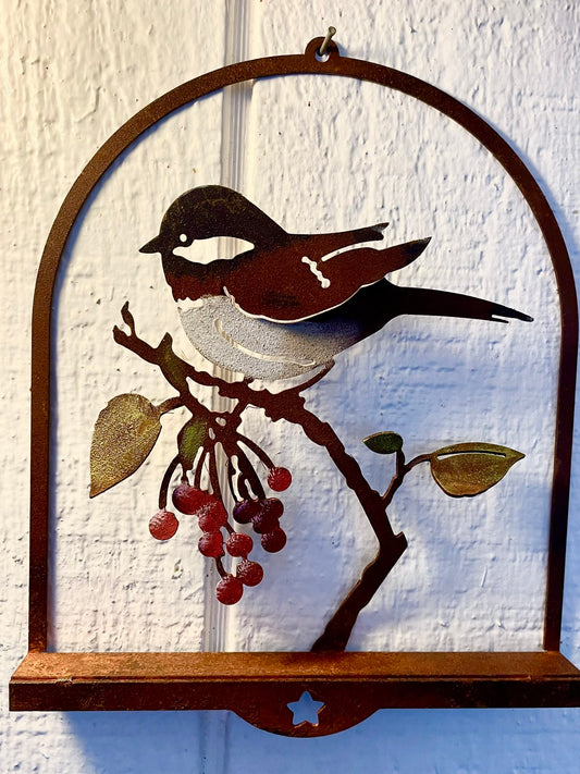 Chickadee with Red Berries, Rusty Metal Wall Art