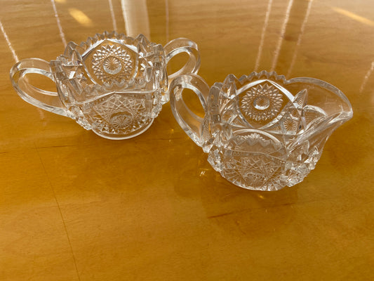 Vintage Sun Burst Sawtooth Glass Sugar & Creamer Votive Set